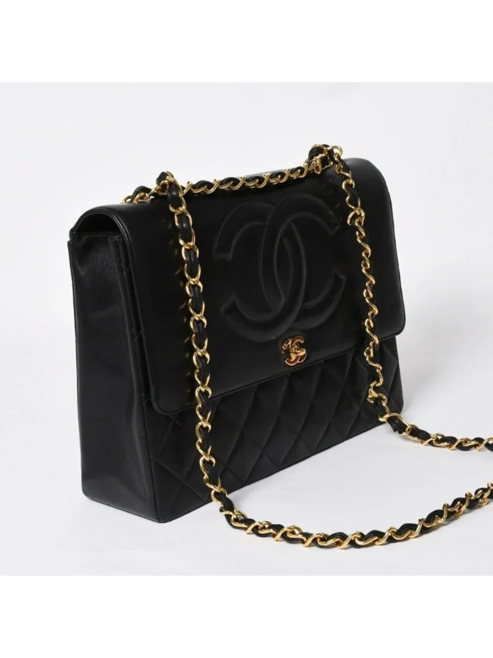 Chanel S Flap Chain Shoulder Bag CC Logo Lambskin Black Gold